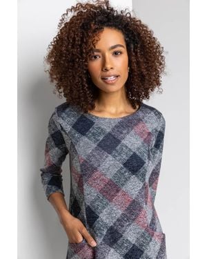 Roman Check Pocket Shift Dress - Grey