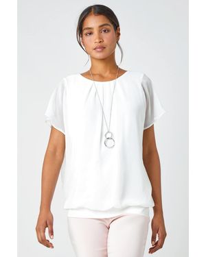 Roman Chiffon Jersey Blouson Top With Necklace - White