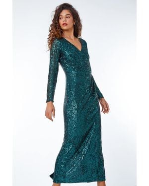Roman Sequin Wrap Stretch Maxi Dress - Blue