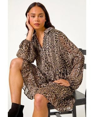 Roman Petite Animal Print Tiered Frill Hem Dress - Brown