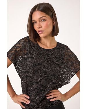 Roman Metallic Lace Bubble Hem Top - Black