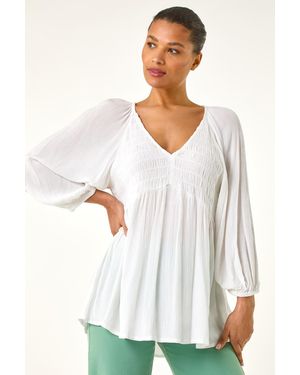 Roman Shirred V-Neck Top - White