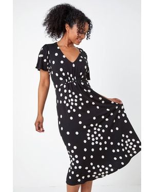 Roman Petite Polka Dot Stretch Midi Dress - Black