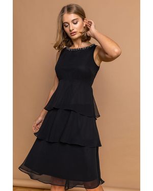 Roman Tiered Embellished Neck Chiffon Dress - Black
