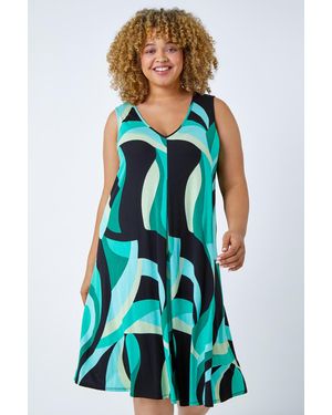 Roman Curve Abstract Print Swing Dress - Blue