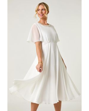 Roman Petite Trim Neck Short Sleeve Dress - Natural