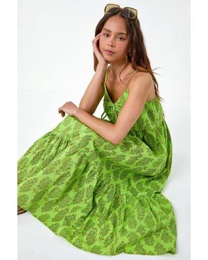 Roman Petite Paisley Tiered Cotton Midi Dress - Green