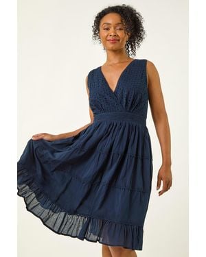 Roman Petite Embroidered Lace Trim Dress - Blue