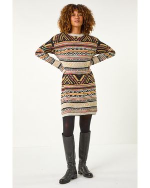 Roman Aztec Pattern Knitted Dress - Natural