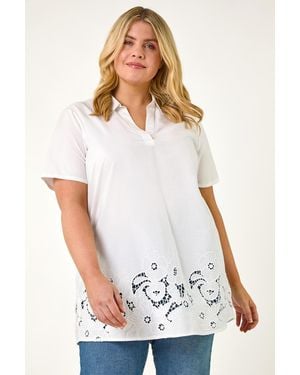 Roman Curve Floral Cut Out Woven Top - White