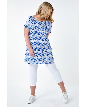 Roman Curve Geometric Print Stretch Tunic Top - Blue