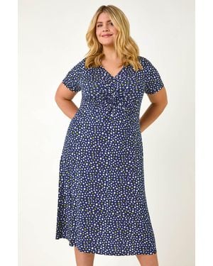 Roman Curve Abstract Twist Front Stretch Midi Dress - Blue