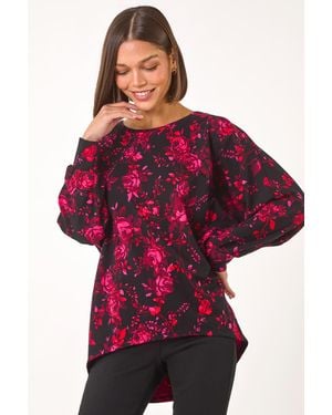 Roman Rose Floral Print Stretch Hem Top - Red