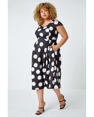 Roman Curve Premium Stretch Polka Dot Dress - Blue