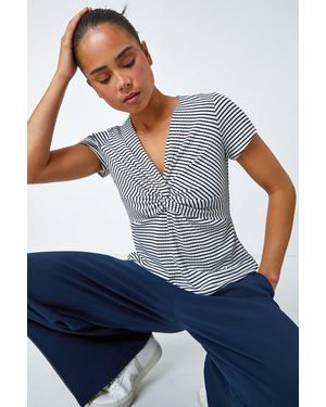Roman Petite Stripe Twist Soft V-Neck Stretch Top - Blue