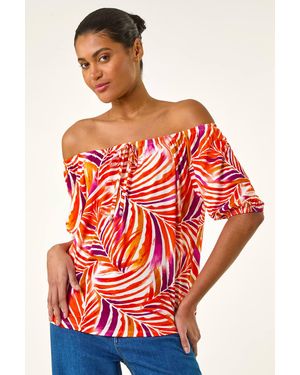 Roman Floral Print Bardot Stretch Top - Red
