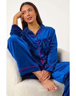 Roman Velvet Revere & Collar Pyjama Set - Blue