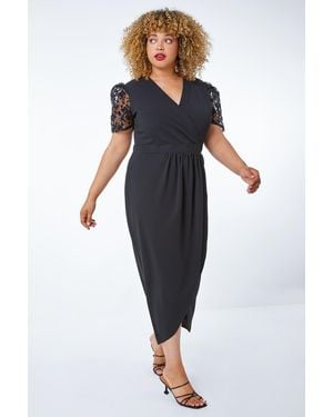 Roman Curve Floral Sheer Sleeve Wrap Dress - Black