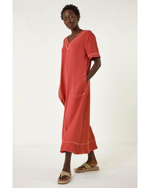 Roman Contrast Stitch Woven Dress - Red