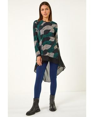 Roman Leaf Print Chiffon Dipped Hem Top - Blue