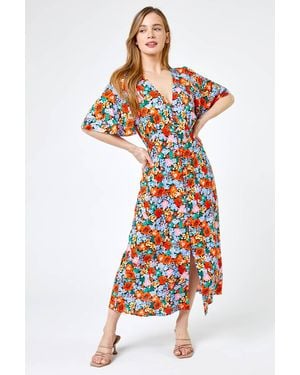 Roman Petite Floral Button Through Midi Dress - Orange