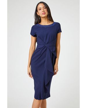 Roman Embellished Stretch Twist Waist Ruched Dress - Blue