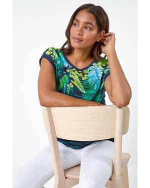Roman Tropical Leaf Stripe Stretch T-Shirt - Grey