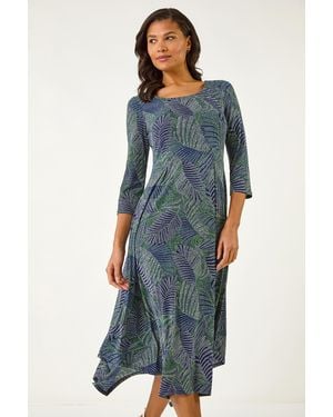 Roman Leaf Puff Print Hanky Hem Midi Dress - Blue