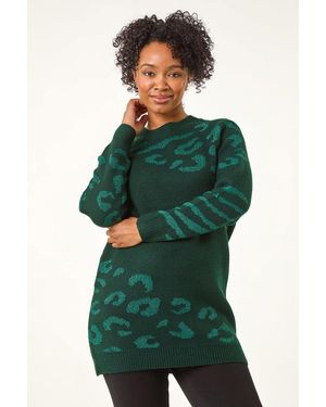 Roman Petite Animal Print Longline Stretch Jumper - Green