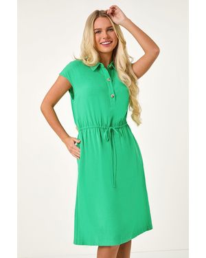 Roman Petite Button Detail Tie Waist Shirt Dress - Green
