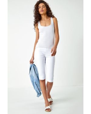 Roman Elastic Waist Knee Length Stretch Shorts - White