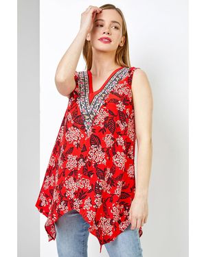 Roman Petite Floral Print V-Neck Hanky Hem Top - Red