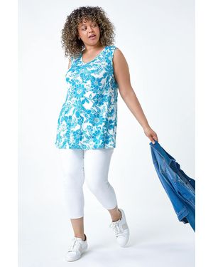 Roman Curve Floral Print V-Neck Tunic Vest Top - Blue