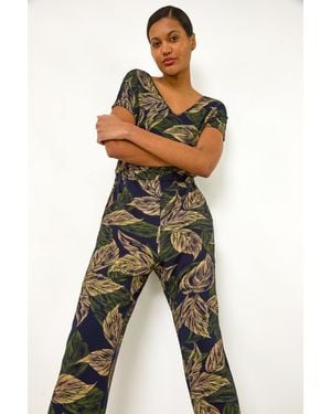 Roman Leaf Print V-Neck Jumpsuit - Blue