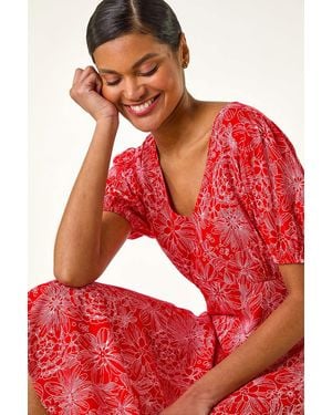 Roman Floral Midi Tea Dress - Red