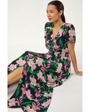 Roman Floral Shirred Maxi Dress - Green
