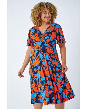 Roman Curve Floral Print Midi Wrap Dress - Red
