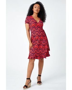 Roman Petite Aztec Tie Detail Wrap Dress - Red