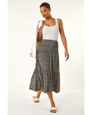 Roman Stretch Geometric Floral Midi Skirt - Black