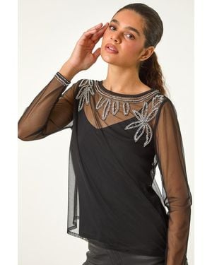 Roman Embellished Sequin Mesh Top - Black