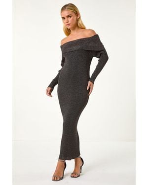 Roman Petite Metallic Knit Bardot Midi Dress - Black