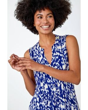 Roman Abstract Print Sleeveless V-Neck Smock Top - Blue