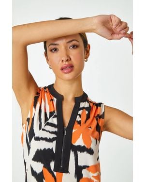 Roman Sleeveless V-Neck Leaf Print Zip Top - White