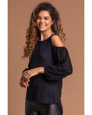 Roman Contrast Animal Mesh Cold Shoulder Top - Black