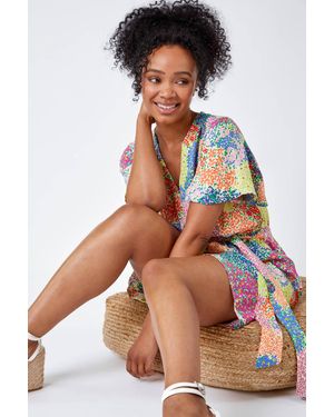 Roman Petite Ditsy Floral Belted Wrap Playsuit - White