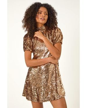 D.u.s.k Fashion Sequin Puff Sleeve Stretch Shift Dress - Brown