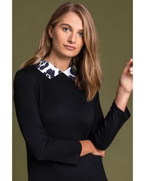 Roman Contrast Detail Animal Print 3/4 Sleeve Top - Grey