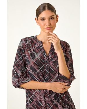 Roman Textured Linear Print Stretch Top - Grey