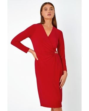 Roman Chain Detail Wrap Midi Stretch Dress - Red