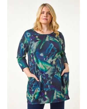 Roman Curve Abstract Print Pocket Tunic Top - Blue